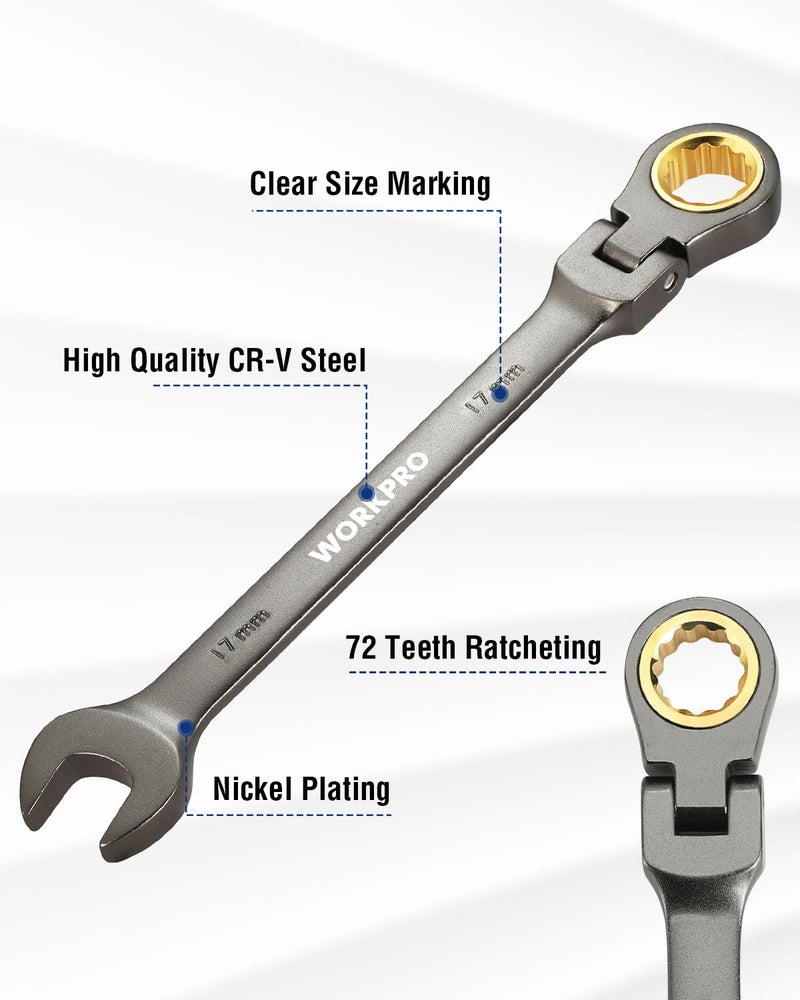 WORKPRO 17 mm Flex-Head Ratcheting Combination Wrench, Cr-V Constructed, Nickel Plating, 72-Teeth, 12 Point Design, Metric - Image 2