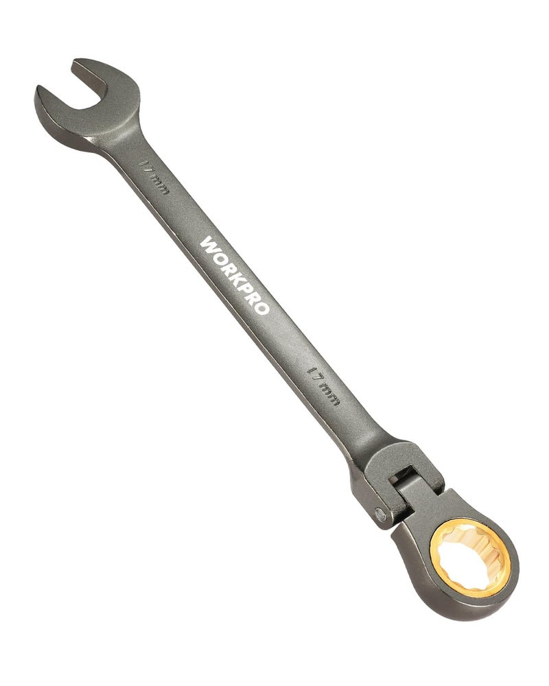 WORKPRO 17 mm Flex-Head Ratcheting Combination Wrench, Cr-V Constructed, Nickel Plating, 72-Teeth, 12 Point Design, Metric - Image 1