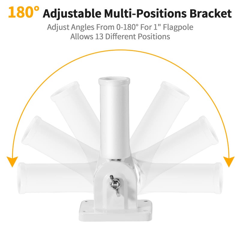 BONWIN Flag Pole Holder Brackets, BONWIN 1" Flag Pole Mounting Bracket with Hardwares for House Wall Porch, 1" Inner Diameter, 180Â° Adjustable Multi Positions, Aluminium Alloy(1 Pack White, Multi-Positions) - Image 3