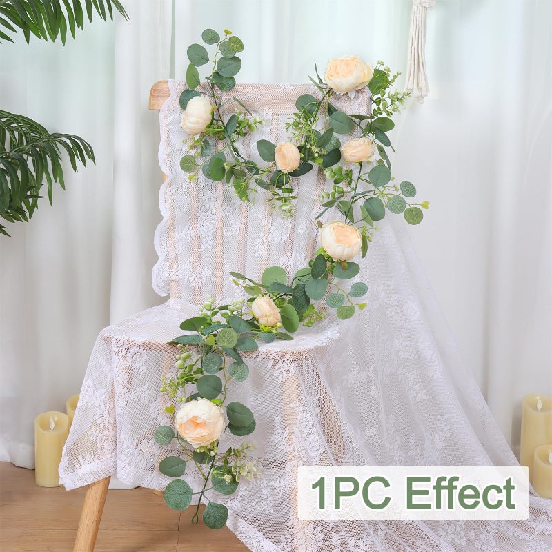 SOMYTING Artificial Flower Garlands Eucalyptus Garlands with Flowers Rose Peony Flower Vine Faux Floral Garland for Wedding Party Arch Table Wall Backdrop Decoration (Champagne, 2PCS) - Image 3