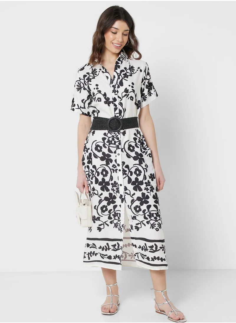 ELLA Belted Floral Printed Dress