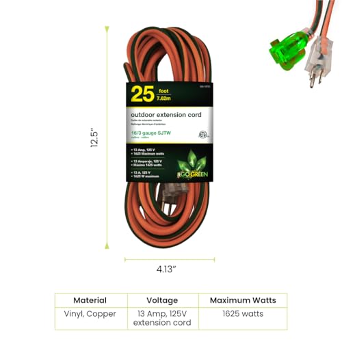 Power By GoGreen Go Green Power Inc. 16/3 25ft Outdoor Extension Cord with Lighted End - Contractor Grade, Durable, and Moisture Resistant - Ideal for Heavy Duty Tools - GG-13725 - Image 2