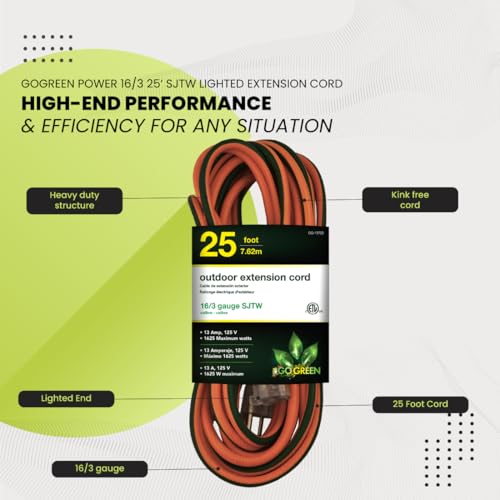 Power By GoGreen Go Green Power Inc. 16/3 25ft Outdoor Extension Cord with Lighted End - Contractor Grade, Durable, and Moisture Resistant - Ideal for Heavy Duty Tools - GG-13725 - Image 5