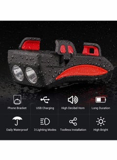 Y&D Bike Lights with Phone Holder, LED headlight Rechargeable USB bicycle bracket horn 4 in 1 Bicycle Front Light  - Image 3