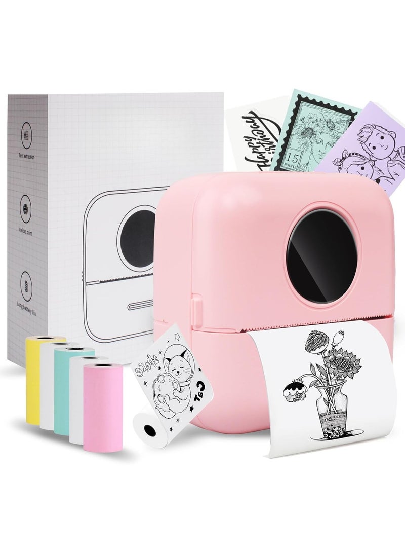 طابعة حرارية صغيرة محمولة بدون حبر، طابعة جيب بلوتوث للملاحظات والصور، 6 لفات ورق متضمنة (ملونة، بيضاء، ولاصقة)، صانع ملصقات ذكي لمجلة DIY Memo لنظامي التشغيل iOS وAndroid (وردي) - Image 1