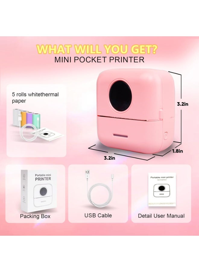 طابعة حرارية صغيرة محمولة بدون حبر، طابعة جيب بلوتوث للملاحظات والصور، 6 لفات ورق متضمنة (ملونة، بيضاء، ولاصقة)، صانع ملصقات ذكي لمجلة DIY Memo لنظامي التشغيل iOS وAndroid (وردي) - Image 4