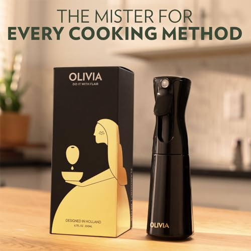 Flairosol رذاذ زيت الزيتون FLAIROSOL OLIVIA للطهي، 200 مل زجاجة رذاذ زيت الزيتون، موزع رذاذ طهي مستمر مع تحكم في الحصة للمطبخ، قلاية هوائية، سلطة، شواء (زجاجة سوداء، طباعة ذهبية) - Image 2