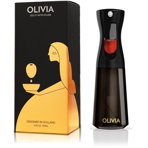 Flairosol رذاذ زيت الزيتون FLAIROSOL OLIVIA للطهي، 200 مل زجاجة رذاذ زيت الزيتون، موزع رذاذ طهي مستمر مع تحكم في الحصة للمطبخ، قلاية هوائية، سلطة، شواء (زجاجة سوداء، طباعة ذهبية) - Image 1