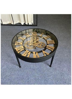 AWD End Table, Creative Round Clock Coffee Table with Tempered Glass Top, Multifunctional Sofa Side Table with Roman Numeral Gear Clock Design.  - Image 1