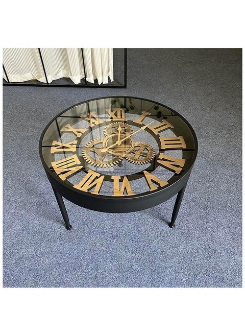 End Table, Creative Round Clock Coffee Table with Tempered Glass Top, Multifunctional Sofa Side Table with Roman Numeral Gear Clock Design.