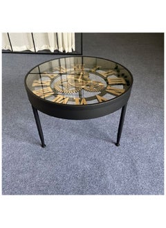 AWD End Table, Creative Round Clock Coffee Table with Tempered Glass Top, Multifunctional Sofa Side Table with Roman Numeral Gear Clock Design.  - Image 2