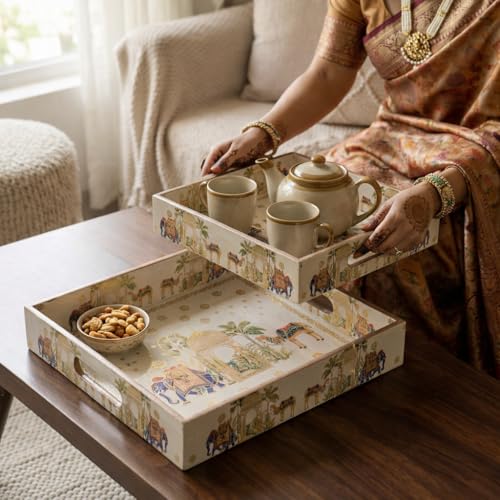 Amimashop® Try Set Serving | Square Wooden Tray, Decorative Serving Tray Set | Wooden Tray Decoration | Serving Trays | Tea Serving Try|Tray Set of 2|Meenakari Tray 12 & 10 Inches - Image 4