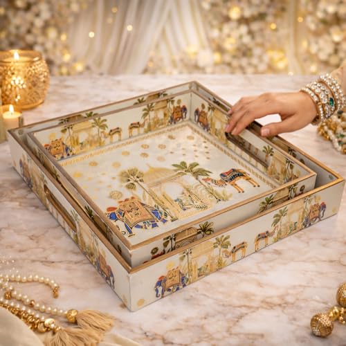 Amimashop® Try Set Serving | Square Wooden Tray, Decorative Serving Tray Set | Wooden Tray Decoration | Serving Trays | Tea Serving Try|Tray Set of 2|Meenakari Tray 12 & 10 Inches - Image 3