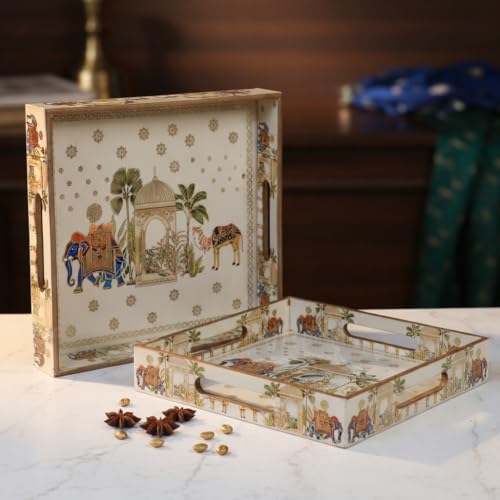 Amimashop® Try Set Serving | Square Wooden Tray, Decorative Serving Tray Set | Wooden Tray Decoration | Serving Trays | Tea Serving Try|Tray Set of 2|Meenakari Tray 12 & 10 Inches - Image 2