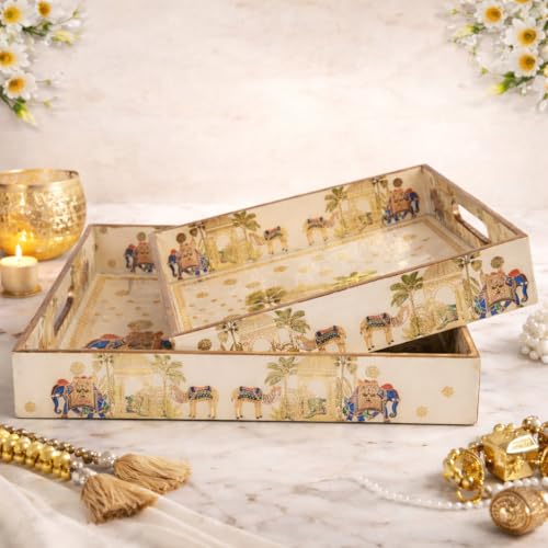 Amimashop® Try Set Serving | Square Wooden Tray, Decorative Serving Tray Set | Wooden Tray Decoration | Serving Trays | Tea Serving Try|Tray Set of 2|Meenakari Tray 12 & 10 Inches - Image 5