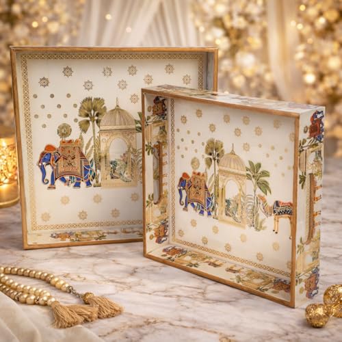 Amimashop® Try Set Serving | Square Wooden Tray, Decorative Serving Tray Set | Wooden Tray Decoration | Serving Trays | Tea Serving Try|Tray Set of 2|Meenakari Tray 12 & 10 Inches - Image 1