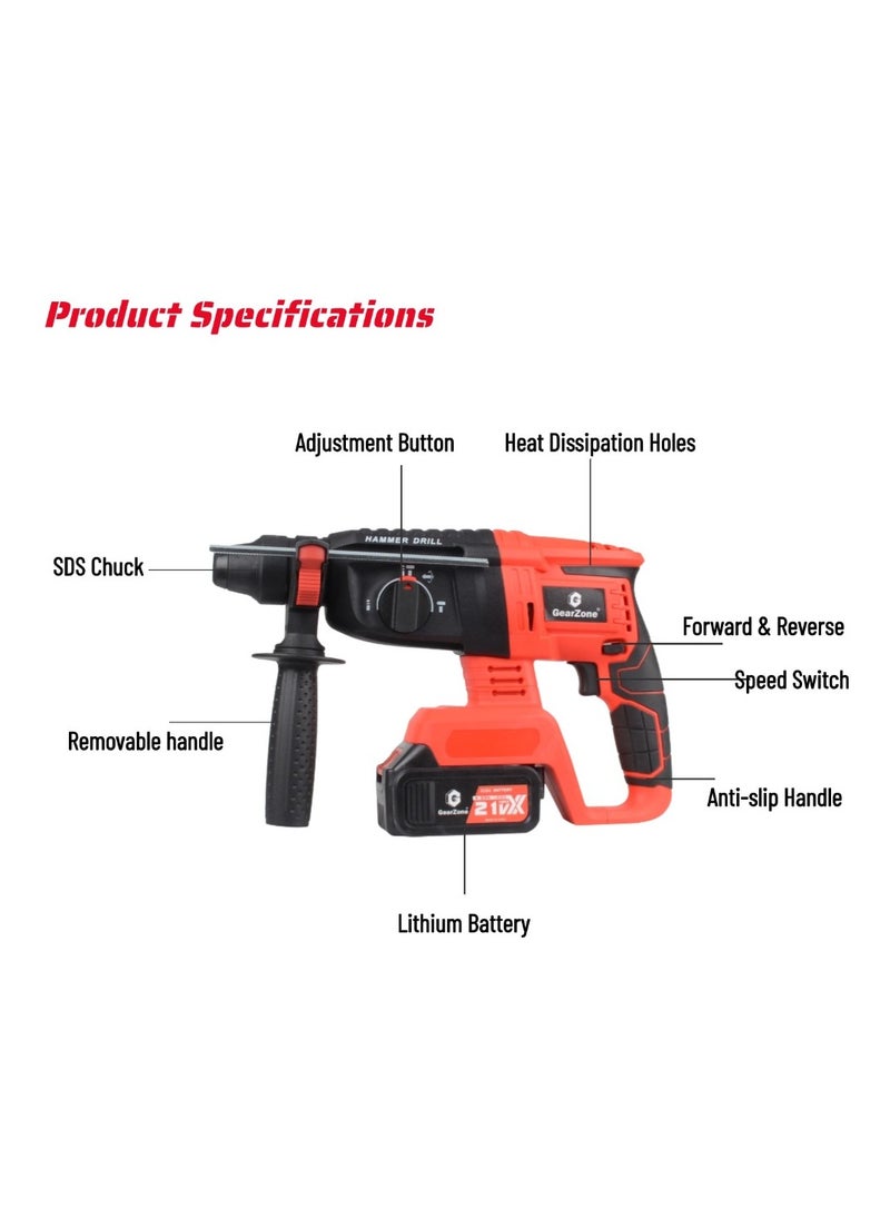 GearZone GearZone Cordless Electric Hammer Drill, 21V High Power, With 17 Pieces Accessories Bit Set In Toolbox For Metal, Concrete & Wood Drilling, With 2PCS Lithium Batteries  - Image 2
