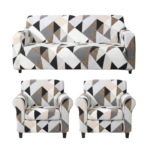 Furshine® Printed Universal Polyester Blend & Spandex Sofa Cover Big Elasticity Cover for Couch Flexible Stretch Sofa Cover | Imported Slipcovers (Grey Brown Geometric, Five Seater) - Image 1