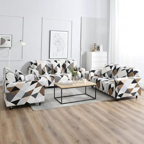 Furshine® Printed Universal Polyester Blend & Spandex Sofa Cover Big Elasticity Cover for Couch Flexible Stretch Sofa Cover | Imported Slipcovers (Grey Brown Geometric, Five Seater) - Image 2