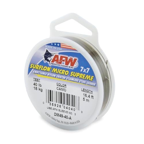 AFW American Fishing Wire Surflon Micro Supreme, Nylon Coated 7x7 Stainless Steel Leader Wire, 40 lb Test, .024" Diameter, Camo, 5 m - Image 1