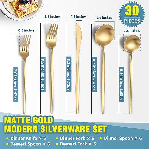 Lemeya Matte Gold Silverware Set for 6,Modern Stainless Steel Brushed Cutlery Set,30-Pieces Heavy Duty Flatware Set,Knives Spoons and Forks Set Utensils Set,Satin Finish,Dishwasher Safe - Image 2