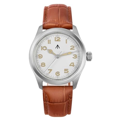 TACTICAL FROG Militado ML08 VH31 38mm Military Mens Watch Double Domed Sapphire Crystal C3 Green Light 10 ATM Waterproof Analog Watches for Men and Women (White Yellow Dial/Brown Leather Strap) - Image 1