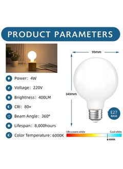HUA QIANG WANG G95 Frosted E27 LED Edison Globe Light Bulbs 40W Equivalent,6000K Cool White,400Lm,Milky Glass Decorative Bulbs,4W LED Filament Bulbs,Non-Dimmable,Pack of 6,White Light  - Image 2