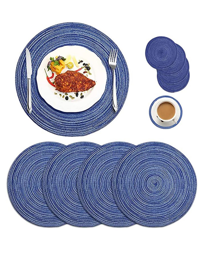Round Braided Placemats Set of 4, Woven Heat Resistant Washable Kitchen Table Mats with 4 Coasters for Dining Home Wedding Outdoor Party - Image 1