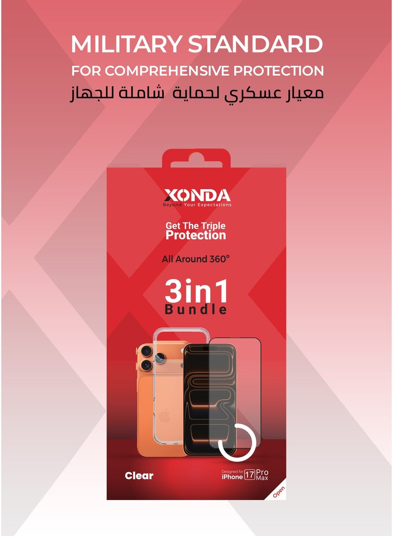 زوندا بكج حماية 3 في 1 لايفون 17برو ماكس – كفر شفاف مقاوم للإصفرار، حماية شاشة مقاومة للكسر، غطاء كاميرا عالي الوضوح. - Image 5
