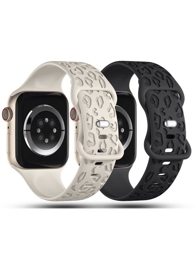 IKANFI 2Pack Leopard Engraved Bands Compatible with Apple Watch Band 49mm 46mm 45mm 44mm 42mm Women, Silicone Cheetah Sport Strap for iWatch Series SE 10 9 8 7 6 5 4 3 2 1,Ultra-BKPK42 - Image 2