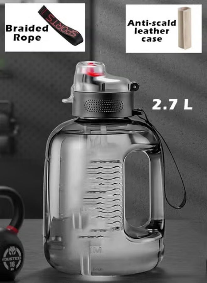 KLNAMAEAAN Large Capacity Fitness Sports Water Bottle with Tea Compartment, Straw, Scale and Handle, Includes Free Leather Case and Carrying Rope 2.7 Litter - Image 1