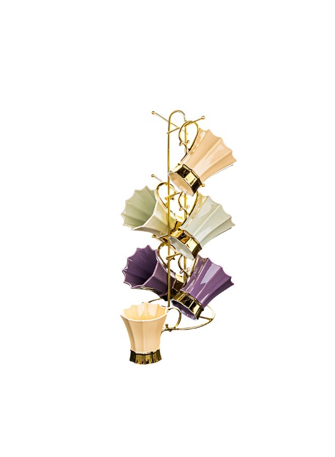Lotus 6-Piece Porcelain Mug Set + Stand - Code 1004