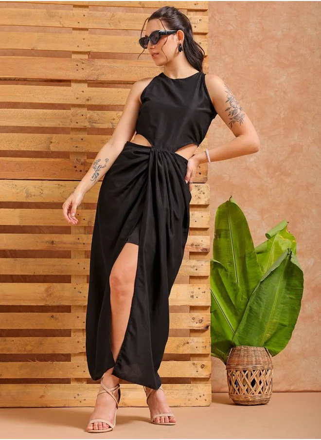 Freehand Women Fit and Flared Party Wear Solid Cut Out Dress