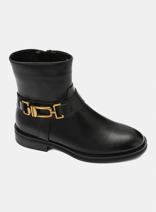 Dejavu Shoes PRD-DVTX-020 Black Leather Ankle Boots With Gold Buckle For Women - Image 1
