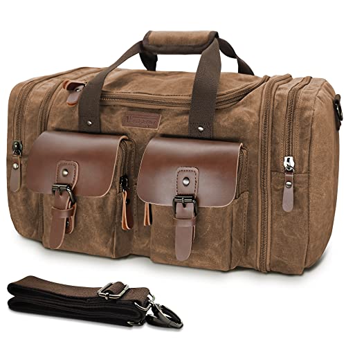 Wildroad Waxed Canvas Genuine Leather 50L Waterproof Duffle Bag - Vintage Travel Weekender Overnight Carry On - Image 1
