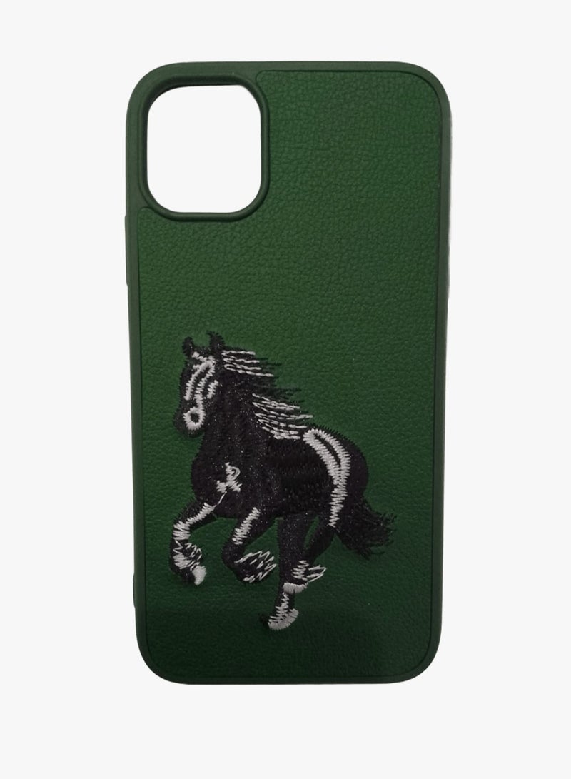 كيس جراب هاتف مضاد للصدمات بتصميم تطريز حصان  لهاتف آيفون 11  باللون الاخضر