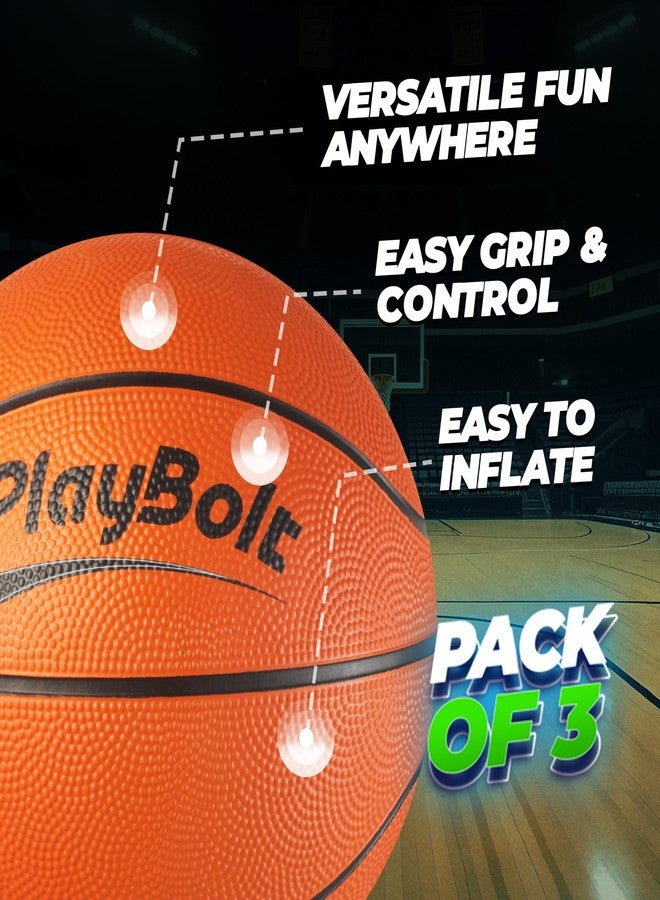 PlayBolt Size 3 Mini Basketballs (3 Pack) - 7-Inch Junior Rubber Basketball Set with Pump - Youth Beginner Kids Basketballs for Backyard Pool Parties, Arcade Games, Practice, Indoor & Outdoor Play - Image 2