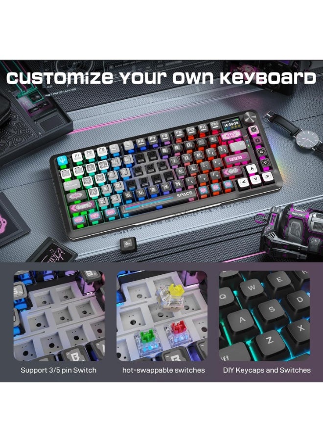 K708MC Wireless Mechanical Gaming Keyboard - Gasket-Mounted RGB Backlit, Custom Keys, 3-Mode(Bluetooth/2.4G/USB), Hot-Swap Pre-Lubed Switches, Screen & Control Knob - Cyber Mecha Style, Plasma Arc