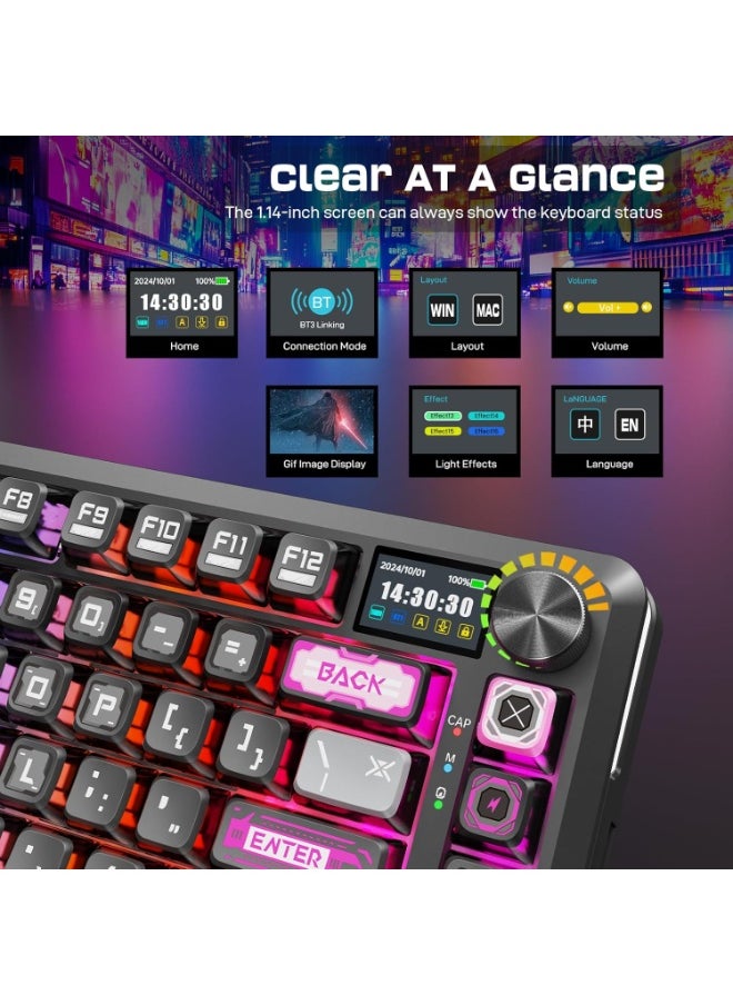 K708MC Wireless Mechanical Gaming Keyboard - Gasket-Mounted RGB Backlit, Custom Keys, 3-Mode(Bluetooth/2.4G/USB), Hot-Swap Pre-Lubed Switches, Screen & Control Knob - Cyber Mecha Style, Plasma Arc