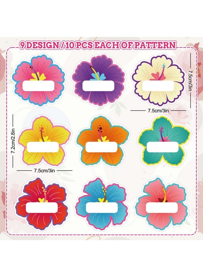 وولاين 90 قطعة من ملصقات الاسم على شكل زهرة الكركديه، ملصقات لوحة اسم فارغة ملونة بالزهور، 9 أنماط متنوعة من ملصقات الاسم ذاتية اللصق لطلاب الصيف والمكتب والفصول الدراسية والمكتب المدرسي - Image 2