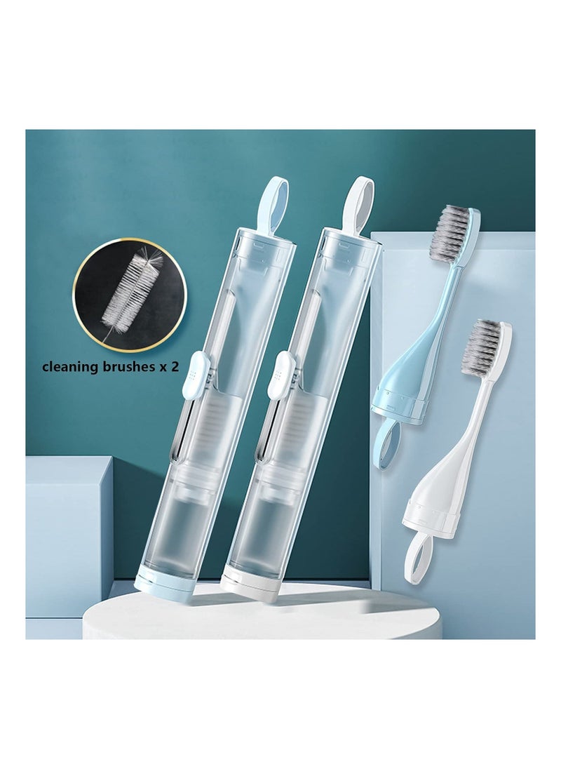 Generic - 2-Pack Travel Toothbrush Set with Built-in Toothpaste Container, KASTWAVE Soft Bristle Toothbrushes for Camping, School, and Business Trips (Blue & White) - Image 1