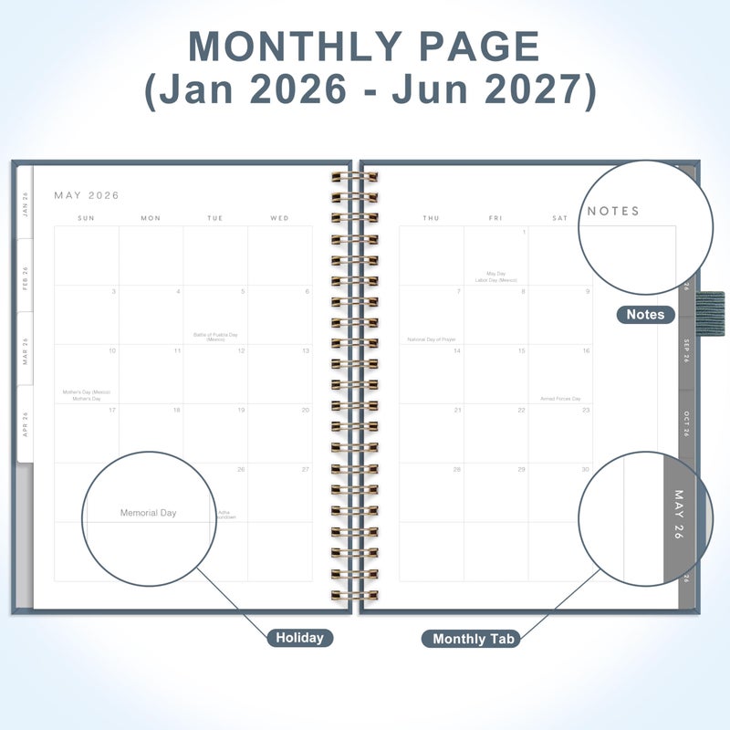 And Per Se 2026 Planner مقاس A4 - مخطط يومي أسبوعي و18 شهرًا، جدول يومي، علامات تبويب شهرية، ورق سميك 100 جرام في المتر المربع (أزرق داكن) - Image 3