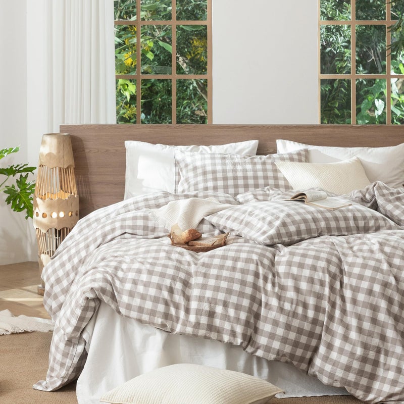 MooMee Gingham Duvet Cover Set 100% Washed Cotton Linen Like Textured Breathable Durable Soft Comfy Modern Checkered Design (Buffalo Plaid Tannish Linen Grey, Cal King 104"x98") - Image 3