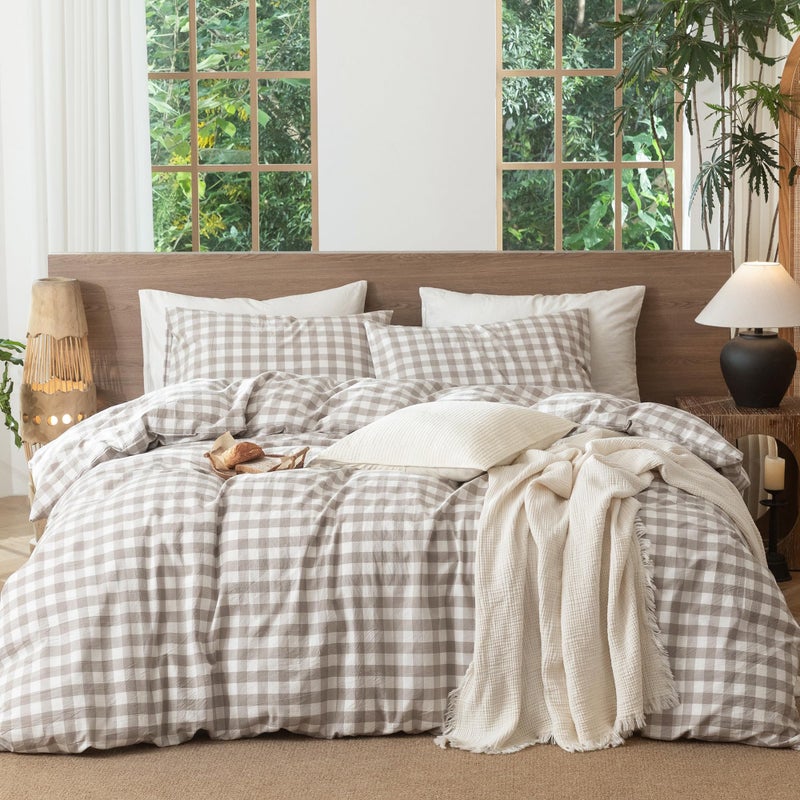 MooMee Gingham Duvet Cover Set 100% Washed Cotton Linen Like Textured Breathable Durable Soft Comfy Modern Checkered Design (Buffalo Plaid Tannish Linen Grey, Cal King 104"x98") - Image 1