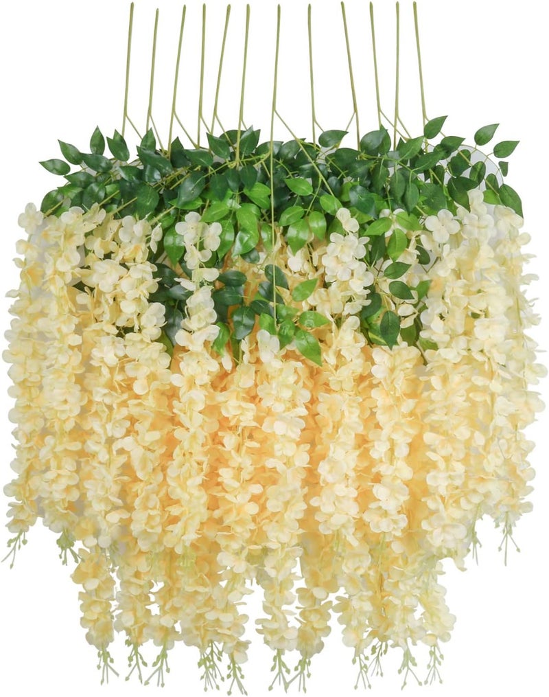 PAUWER Artificial Wisteria Flowers Vine Garland - 12 Pack Wedding Hanging Silk Flower String, Fake Ratta Garland, Champagne - Image 1