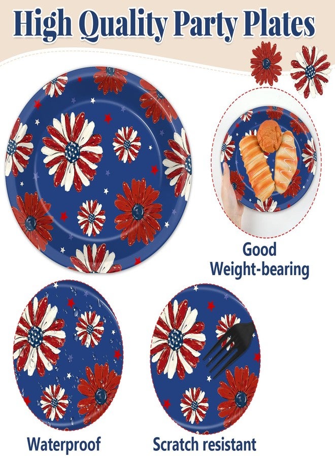 Oitnlaughter 50Pcs American Independence Day 4th of July Oval Plates Patriotic Wildflower Red White Blue Memorial Day Party Supplies Disposable American Flag Floral Paper Plate for Labor Veterans Days Decorations - Image 3