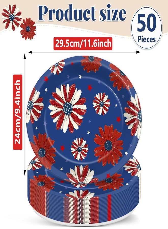 Oitnlaughter 50Pcs American Independence Day 4th of July Oval Plates Patriotic Wildflower Red White Blue Memorial Day Party Supplies Disposable American Flag Floral Paper Plate for Labor Veterans Days Decorations - Image 2