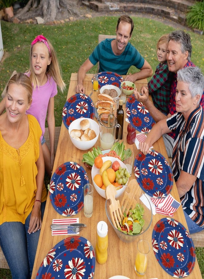 Oitnlaughter 50Pcs American Independence Day 4th of July Oval Plates Patriotic Wildflower Red White Blue Memorial Day Party Supplies Disposable American Flag Floral Paper Plate for Labor Veterans Days Decorations - Image 4