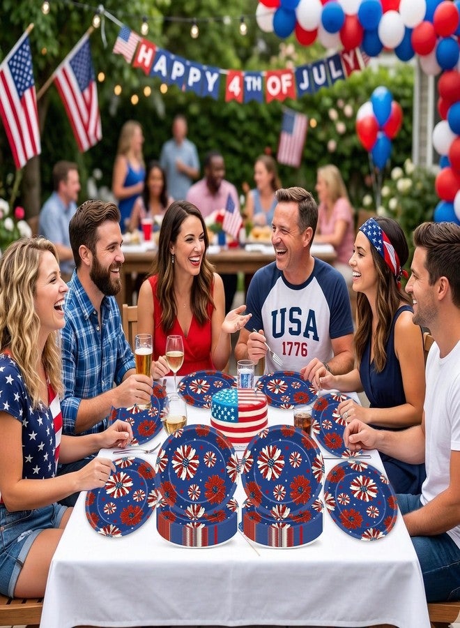 Oitnlaughter 50Pcs American Independence Day 4th of July Oval Plates Patriotic Wildflower Red White Blue Memorial Day Party Supplies Disposable American Flag Floral Paper Plate for Labor Veterans Days Decorations - Image 5