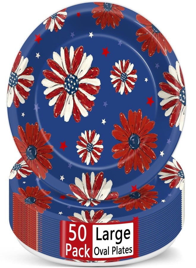 Oitnlaughter 50Pcs American Independence Day 4th of July Oval Plates Patriotic Wildflower Red White Blue Memorial Day Party Supplies Disposable American Flag Floral Paper Plate for Labor Veterans Days Decorations - Image 1